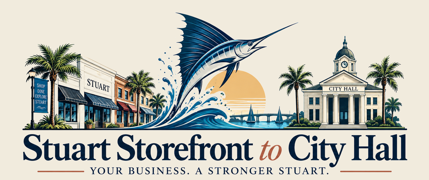 Stuart Storefront to City Hall — Your business. A stronger Stuart. A storefront and City Hall with a sailfish leaping between them.